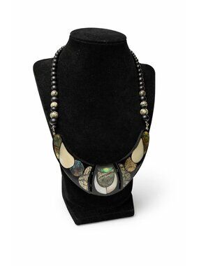 Vtg 70s Lee Sands Geometric Inlay Iridescent Abalone Mother of Pearl Necklace